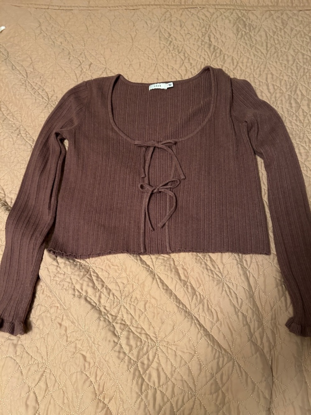 Lush Brown Ribbed Scoop Tie-Front Crop Top